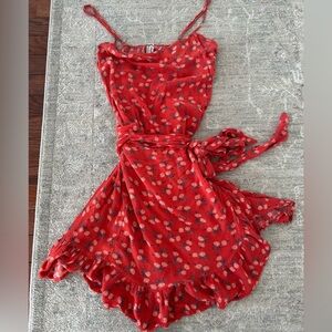 Free People Intimately Red Floral Wrap Around Mini Sleeveless Dress Size Medium